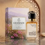 A bottle of Aangan Intense, a luxurious unisex oriental perfume with rich notes of oud and leather.