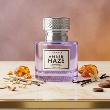 A bottle of Amber Haze, a premium warm amber vanilla fragrance.