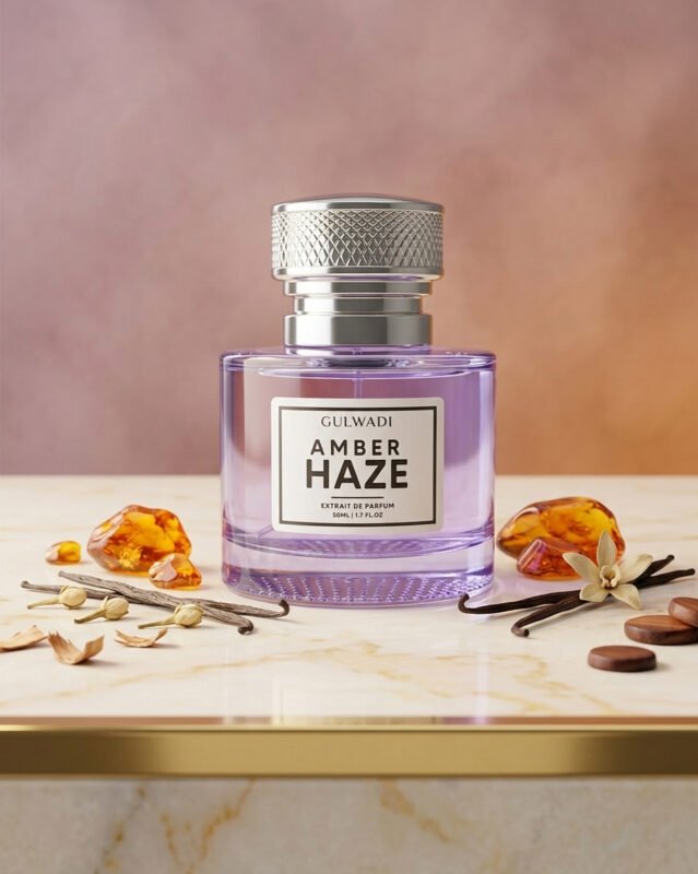A bottle of Amber Haze, a premium warm amber vanilla fragrance.