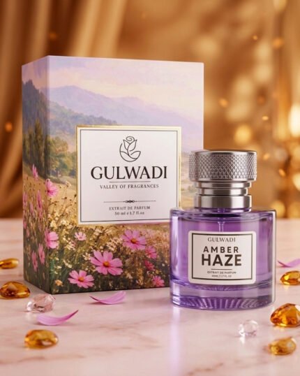 A bottle of Amber Haze, a premium warm amber vanilla fragrance.