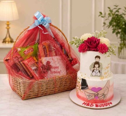 A Birthday Surprise Package with a custom cake and roses, perfect for Birthday gift delivery Lahore.