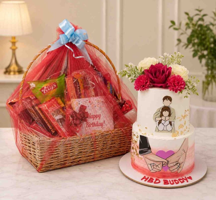 A Birthday Surprise Package with a custom cake and roses, perfect for Birthday gift delivery Lahore.