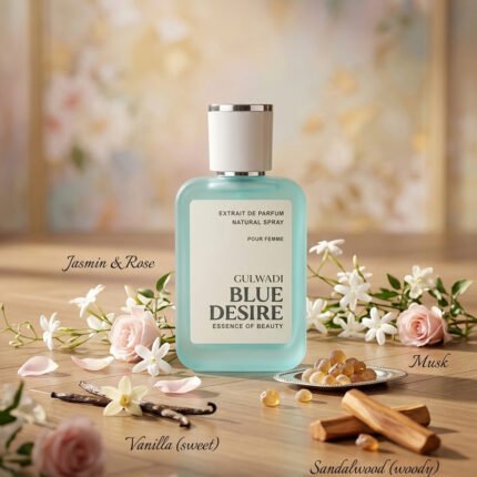 A bottle of Blue Desire, an elegant feminine floral fragrance.