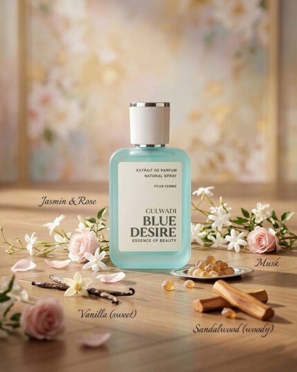 A bottle of Blue Desire, an elegant feminine floral fragrance.