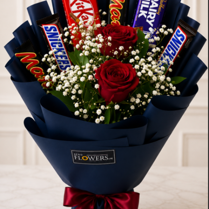 A chocolate and rose bouquet from a premier Online flower shop UK to Pakistan.