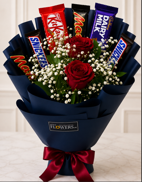 A chocolate and rose bouquet from a premier Online flower shop UK to Pakistan.