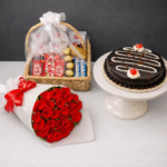 Deluxe chocolate basket, roses, and cake for Gift delivery Lahore.