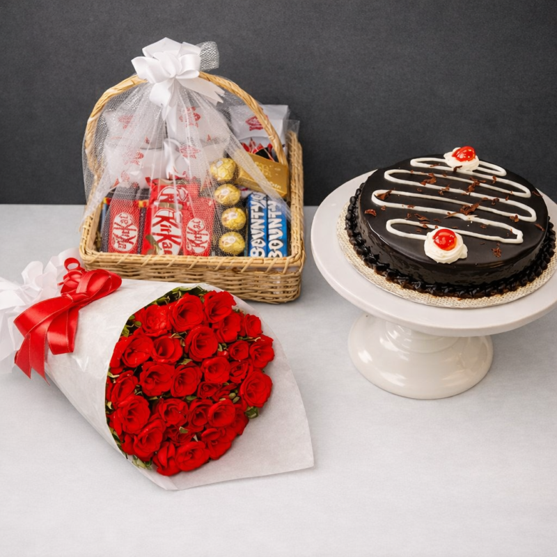 Deluxe chocolate basket, roses, and cake for Gift delivery Lahore.