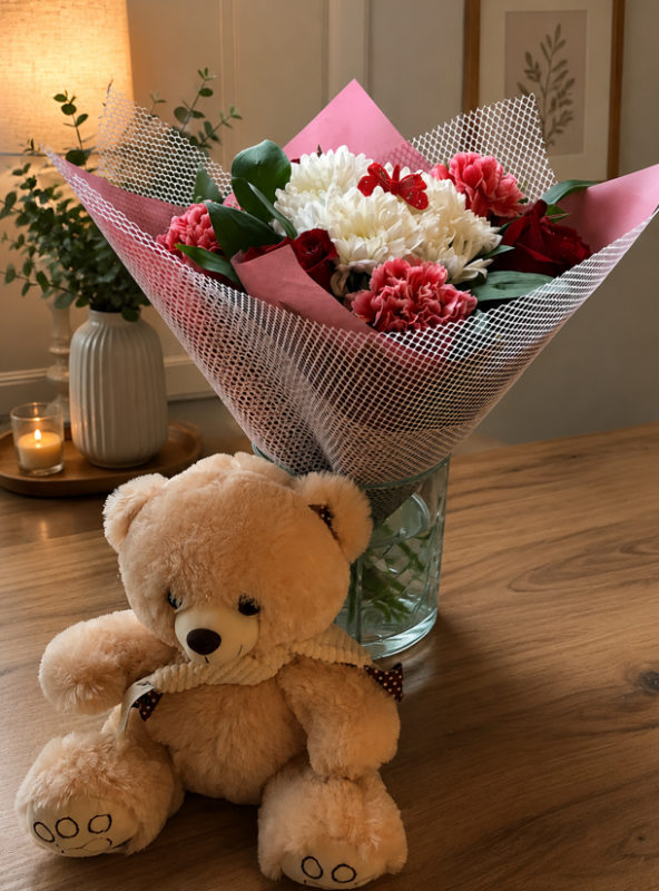 A cute teddy bear with a fresh floral bouquet from a professional gift delivery Lahore service.