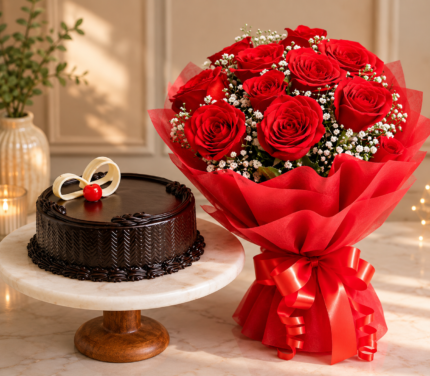 A beautiful red rose bouquet and chocolate cake for Gift delivery Lahore.