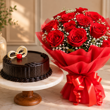 A beautiful red rose bouquet and chocolate cake for Gift delivery Lahore.