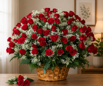 A massive red rose basket available for Flower delivery Lahore.