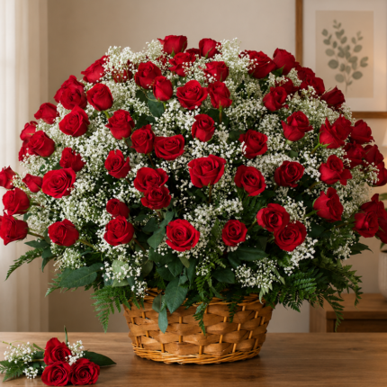 A massive red rose basket available for Flower delivery Lahore.