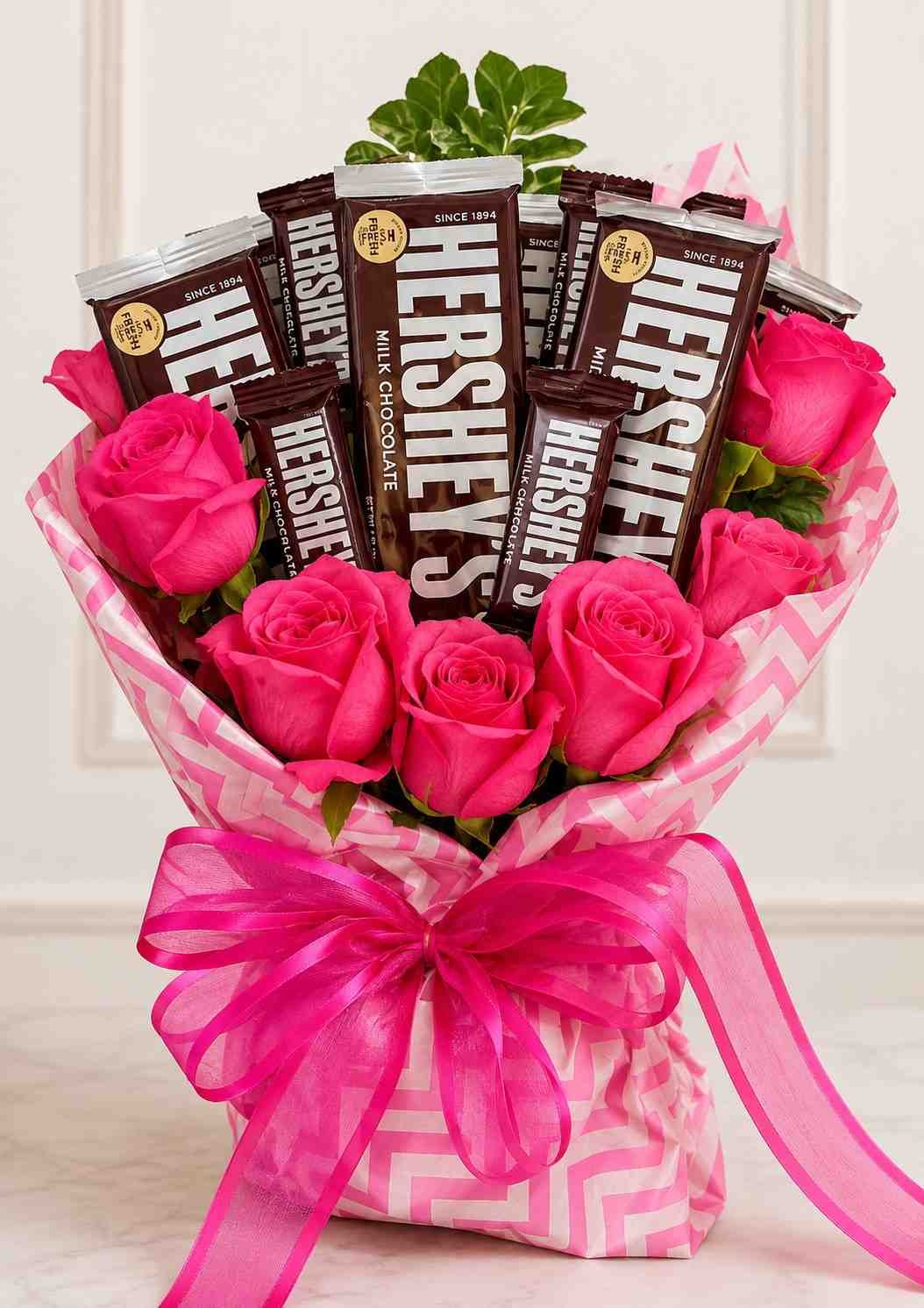 Hershey-Rose-Bouquet A vibrant Hershey Rose Bouquet, perfect for chocolate delivery in Lahore.