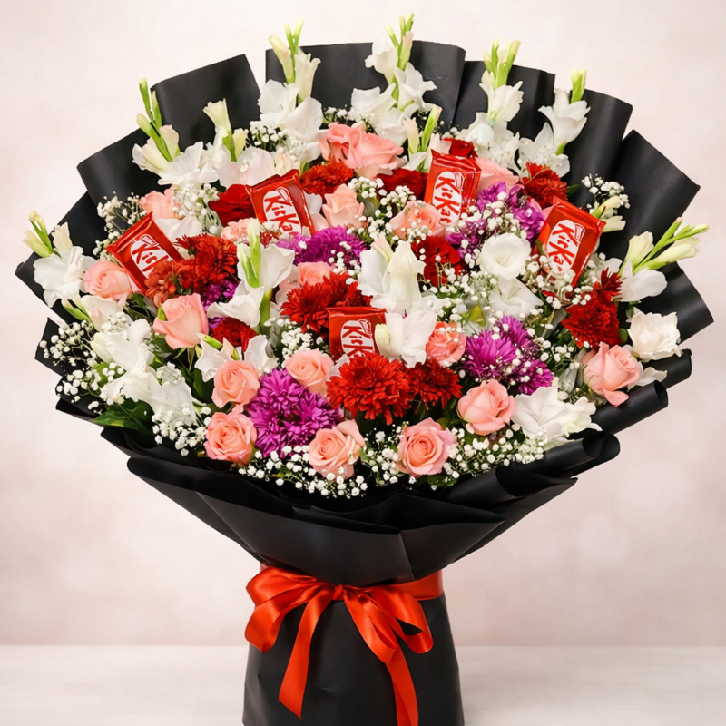KitKat chocolate bouquet Lahore featuring fresh flowers and red ribbon.