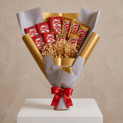 KitKat Twix chocolate bouquet Lahore on a white display stand.