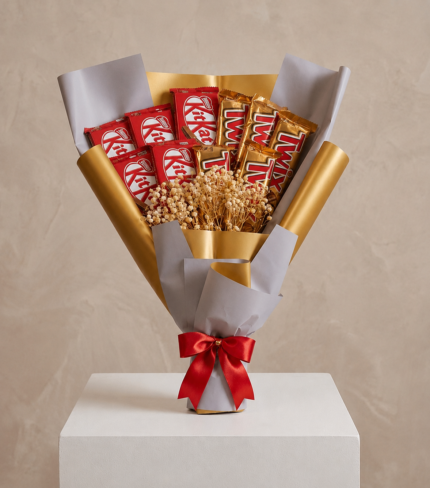 KitKat Twix chocolate bouquet Lahore on a white display stand.