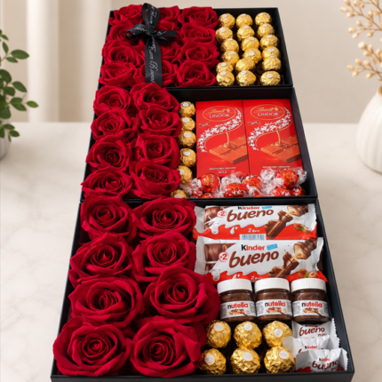 A luxurious gift box featuring red roses and premium chocolates for customers wanting to send Chocolate and flowers to Pakistan from London.