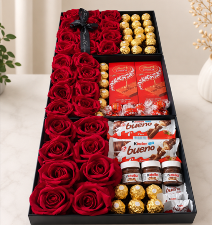 A luxurious gift box featuring red roses and premium chocolates for customers wanting to send Chocolate and flowers to Pakistan from London.