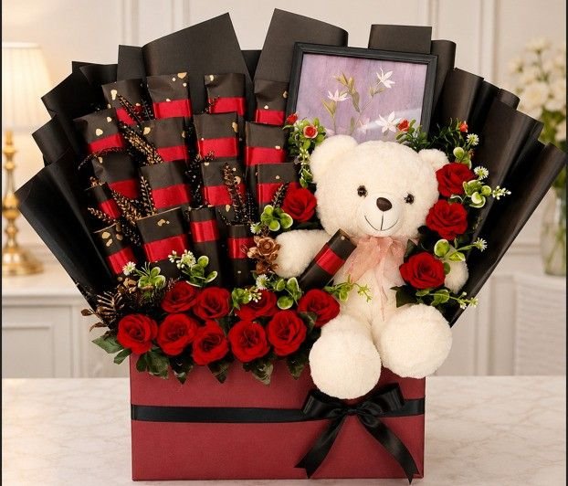 Luxury-Chocolate-Rose-Hamper A luxury hamper with a teddy bear, roses, and chocolates, ideal for gift delivery in Lahore.