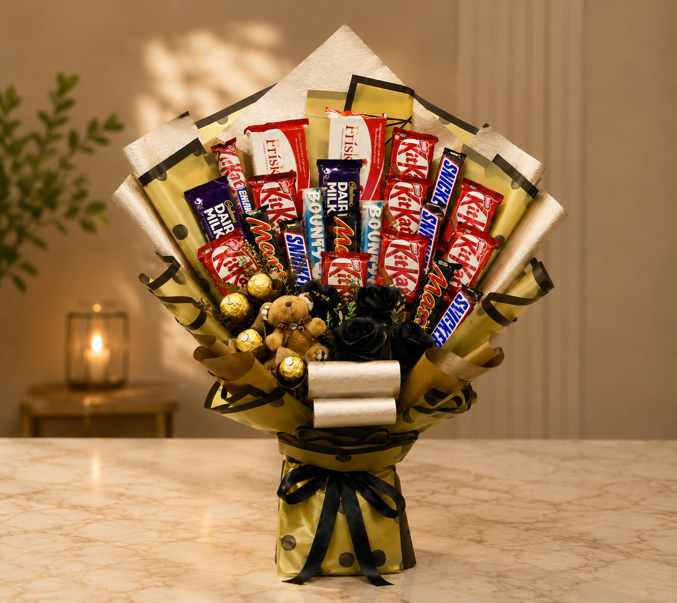 Luxury Mixed Chocolate Bouquet A grand luxury chocolate bouquet Lahore featuring mixed chocolate bars.