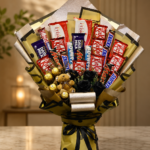A grand luxury chocolate bouquet Lahore featuring mixed chocolate bars.