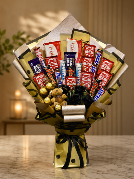 A grand luxury chocolate bouquet Lahore featuring mixed chocolate bars.