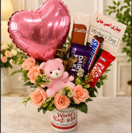A gift set with a 'Best Mom' mug and chocolates, ideal for Mother's Day gifts Lahore.