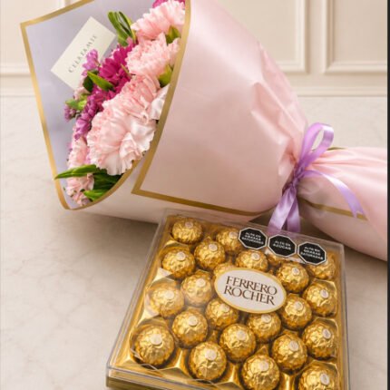 A soft pink flower bouquet and Ferrero Rocher chocolates, ideal for International flower delivery to Pakistan.