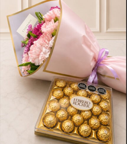 A soft pink flower bouquet and Ferrero Rocher chocolates, ideal for International flower delivery to Pakistan.