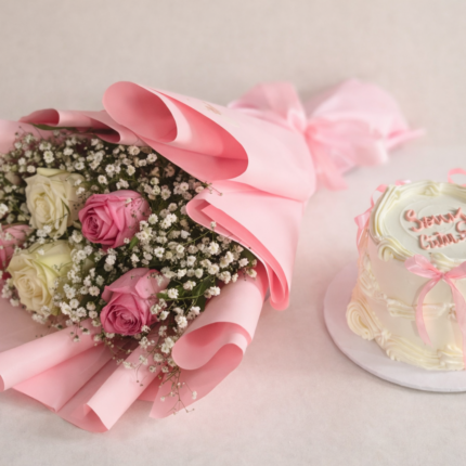 Pink rose bouquet and Cake and flower delivery set.