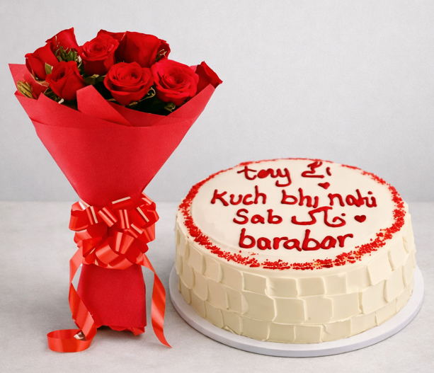 Red roses and cake for Cake and flower delivery in Lahore.