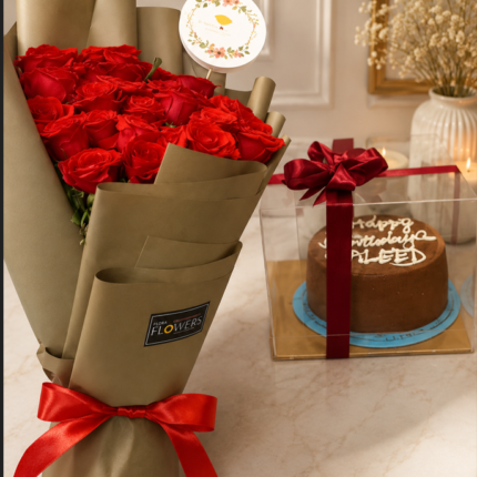 Fresh red roses and a birthday cake set for Gift delivery Lahore.