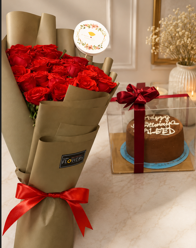 Roses and Cake Combo Fresh red roses and a birthday cake set for Gift delivery Lahore.