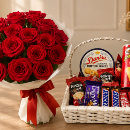 A beautiful red rose bouquet and a gourmet snack basket for Gift delivery Lahore.