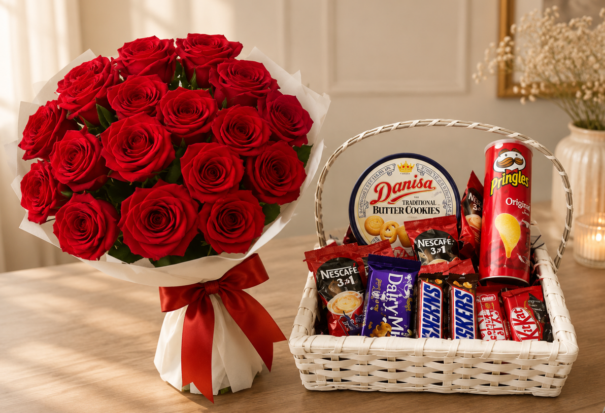 Roses and Gift Basket A beautiful red rose bouquet and a gourmet snack basket for Gift delivery Lahore.