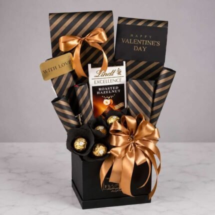A Valentine's Day gift box featuring a Lindt bar, ready for Valentine chocolate delivery Lahore.