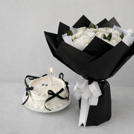 Elegant White Rose bouquet and Birthday cake Lahore combo.