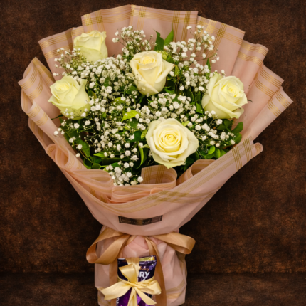 White rose and Chocolate bouquet Lahore gift arrangement.