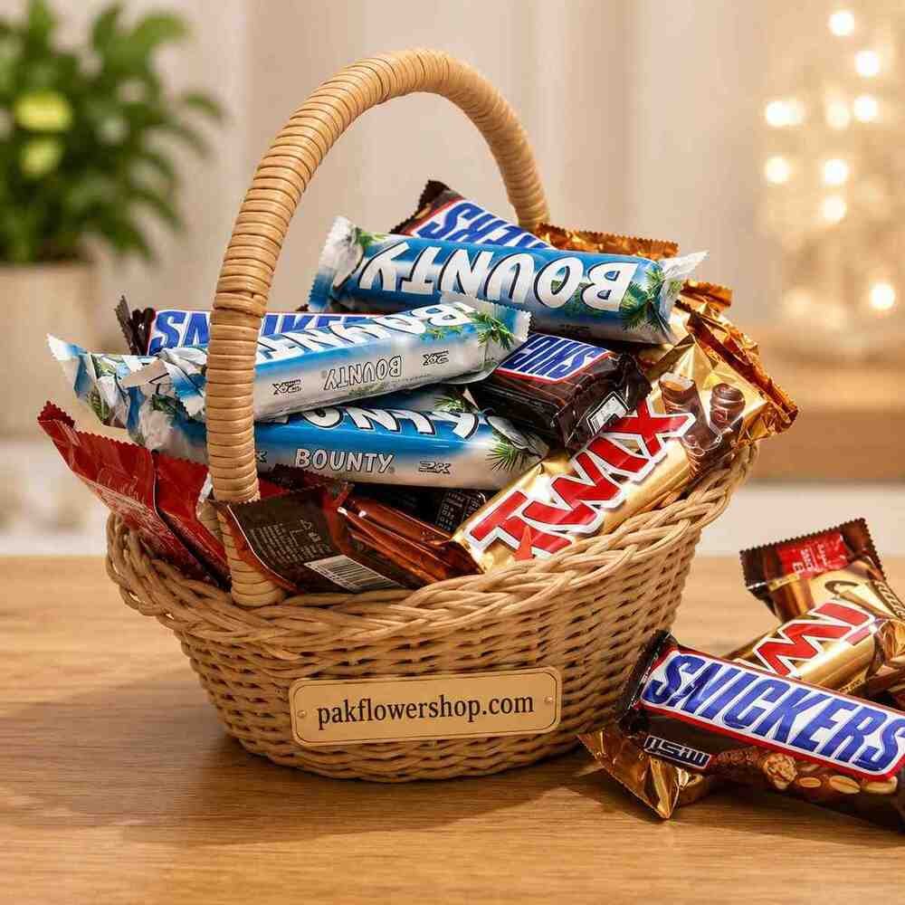 Assorted-Chocolate-Gift-Basket A basket filled with assorted chocolates prepared for online gift delivery.