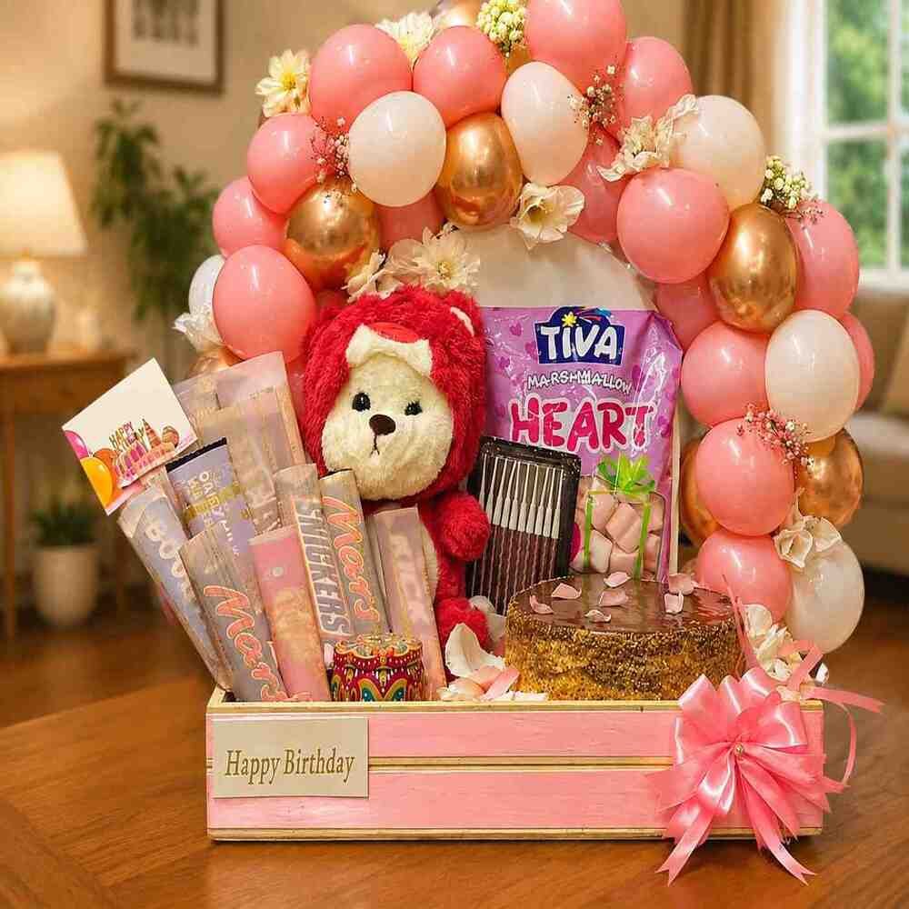Birthday-Celebration-Hamper Birthday hamper delivery Lahore featuring chocolates, balloons, and a teddy bear.