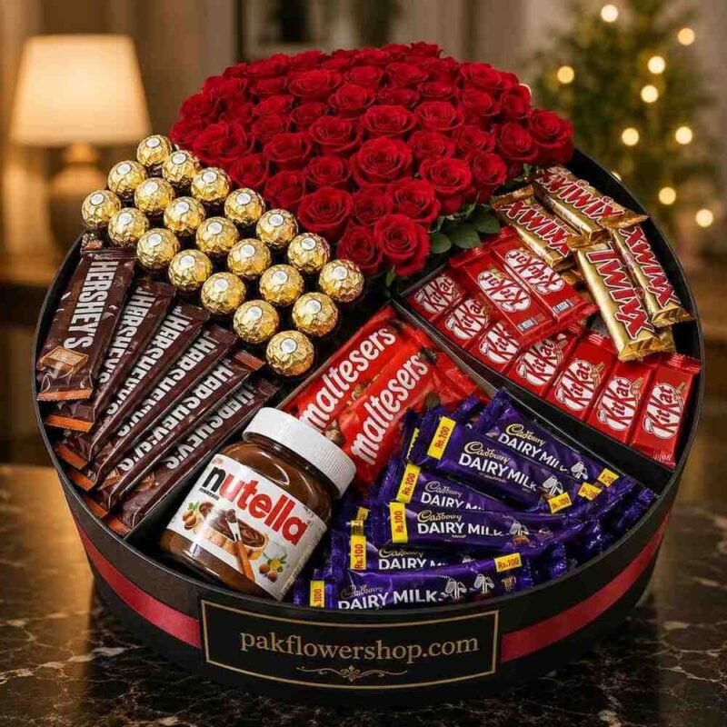 A luxury chocolate and rose arrangement, perfect for gift hampers to Pakistan from UK.