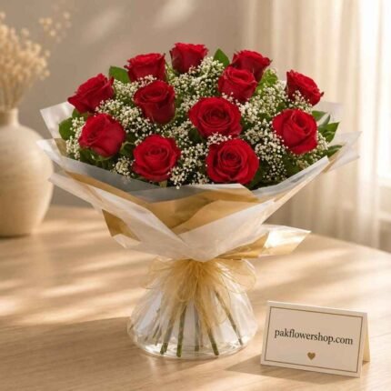 Classic red roses arranged for fresh flower delivery Lahore.