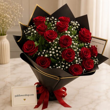 Red roses black gold paper flower shop Lahore