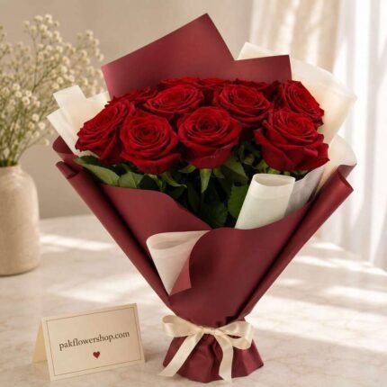 Crimson roses in maroon wrapping florist near me Lahore