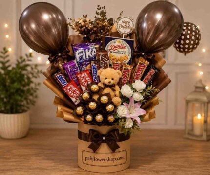 Deluxe chocolate and balloon set for birthday surprise delivery Lahore.