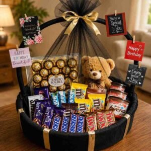 Deluxe birthday gift baskets Lahore with assorted chocolates and teddy bear.