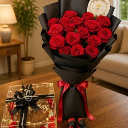 Anniversary gifts Lahore featuring a rose bouquet and gourmet treats.