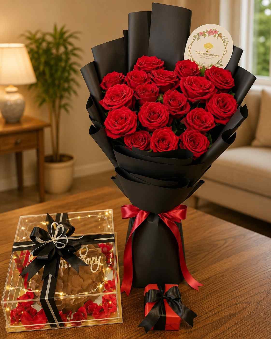 Elegant-Rose-Anniversary-Combo Anniversary gifts Lahore featuring a rose bouquet and gourmet treats.