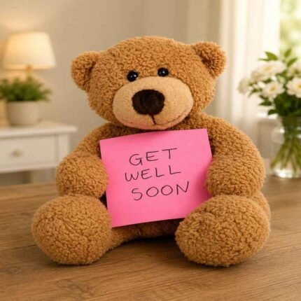 Soft teddy bear with a Get Well Soon note for delivery in Lahore.